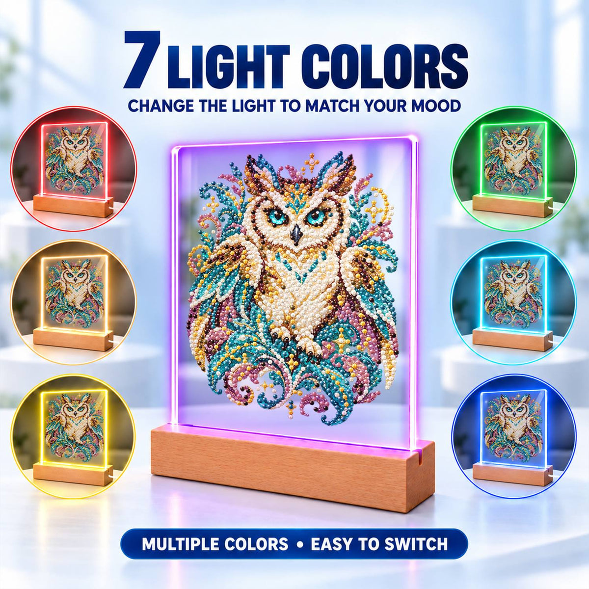 Teal-Eyed Owl in Ornate Plumes (Light-Up Pearl Painting)