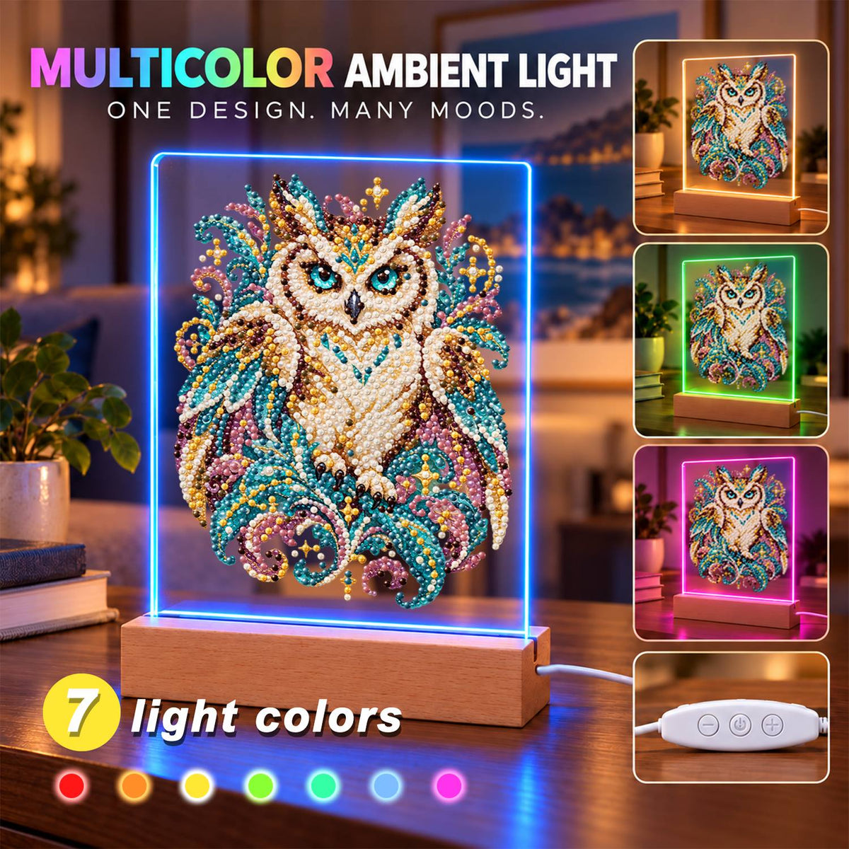 Teal-Eyed Owl in Ornate Plumes (Light-Up Pearl Painting)
