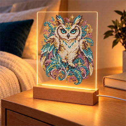 Teal-Eyed Owl in Ornate Plumes (Light-Up Pearl Painting)
