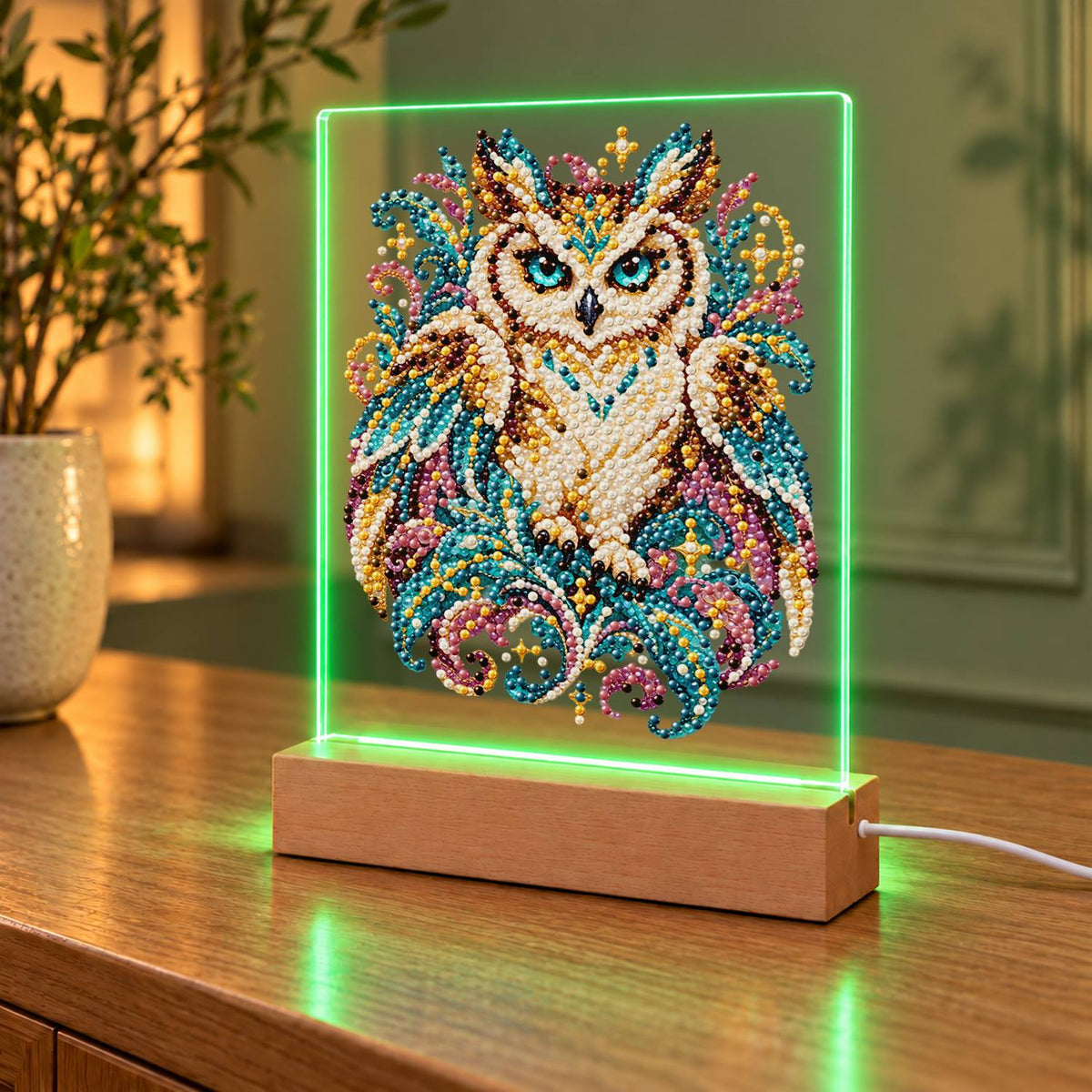 Teal-Eyed Owl in Ornate Plumes (Light-Up Pearl Painting)