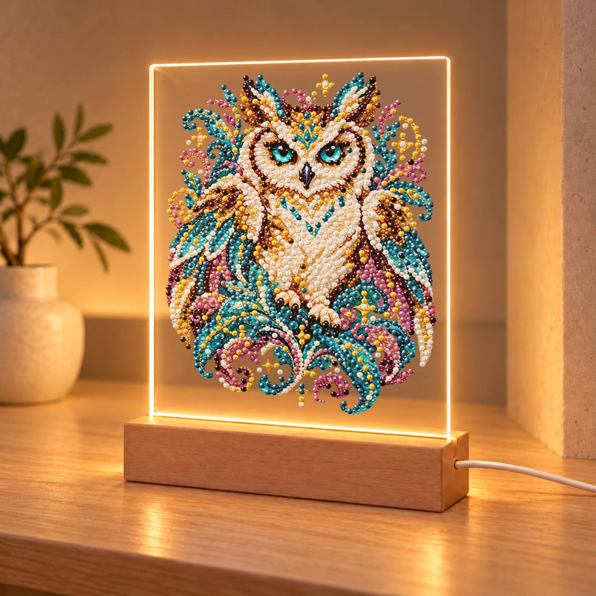 Teal-Eyed Owl in Ornate Plumes (Light-Up Pearl Painting)