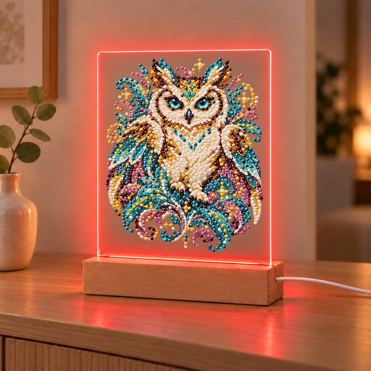 Teal-Eyed Owl in Ornate Plumes (Light-Up Pearl Painting)
