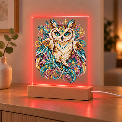 Teal-Eyed Owl in Ornate Plumes (Light-Up Pearl Painting)
