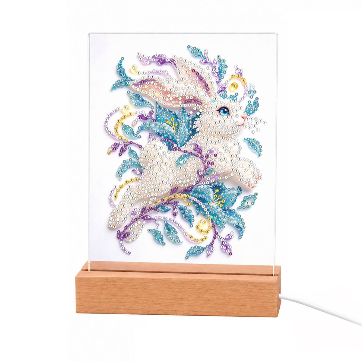 White Rabbit Mid-Leap light-up pearl painting – White rabbit leaping through swirling teal and lilac leaves and flowers