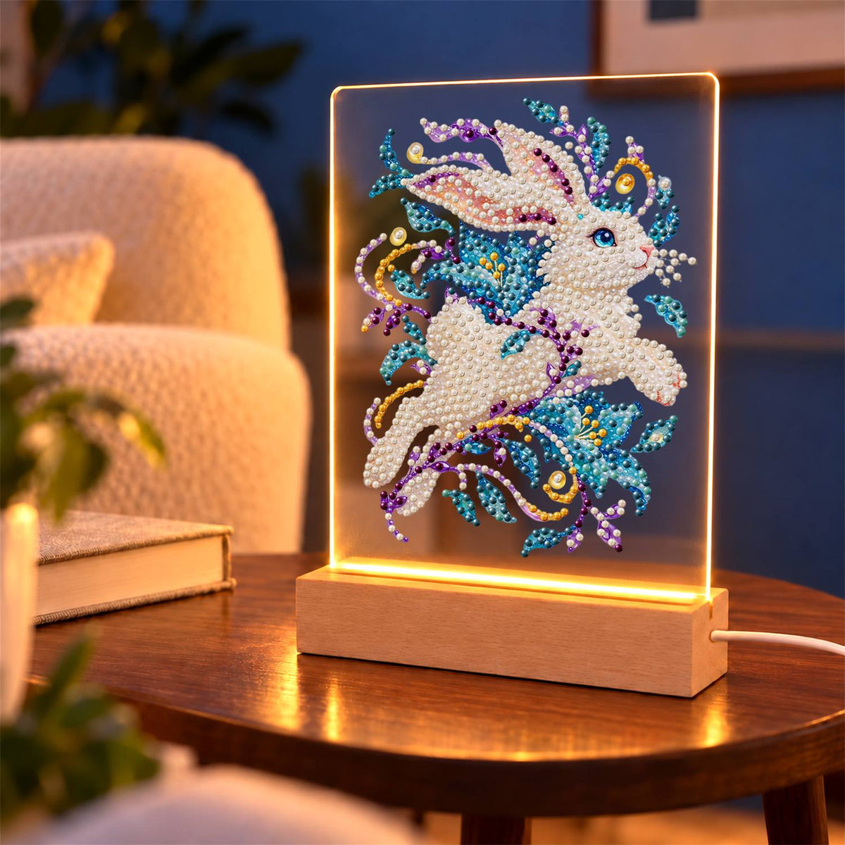 White Rabbit Mid-Leap (Light-Up Pearl Painting)