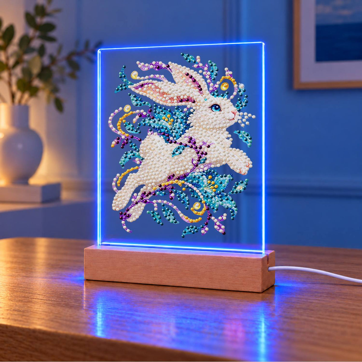 White Rabbit Mid-Leap (Light-Up Pearl Painting)