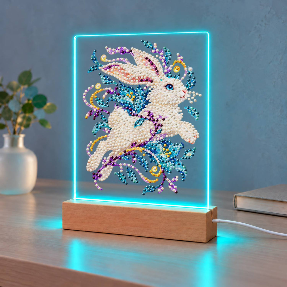 White Rabbit Mid-Leap (Light-Up Pearl Painting)