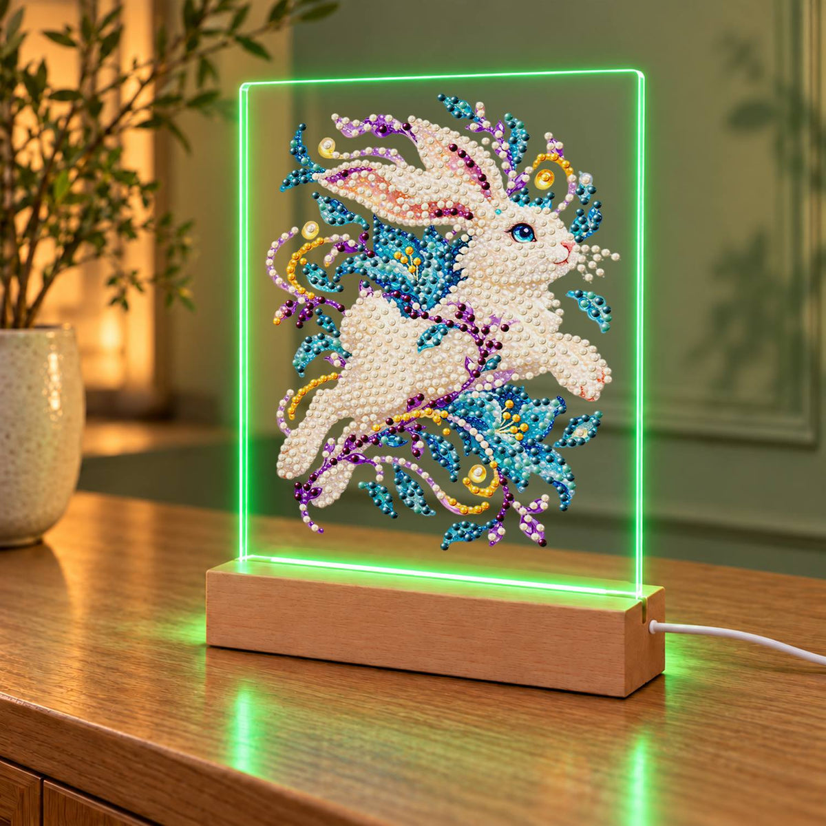 White Rabbit Mid-Leap (Light-Up Pearl Painting)