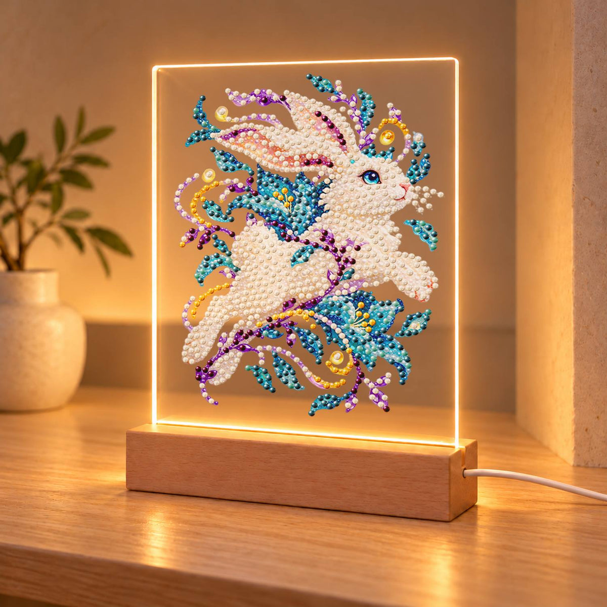 White Rabbit Mid-Leap (Light-Up Pearl Painting)