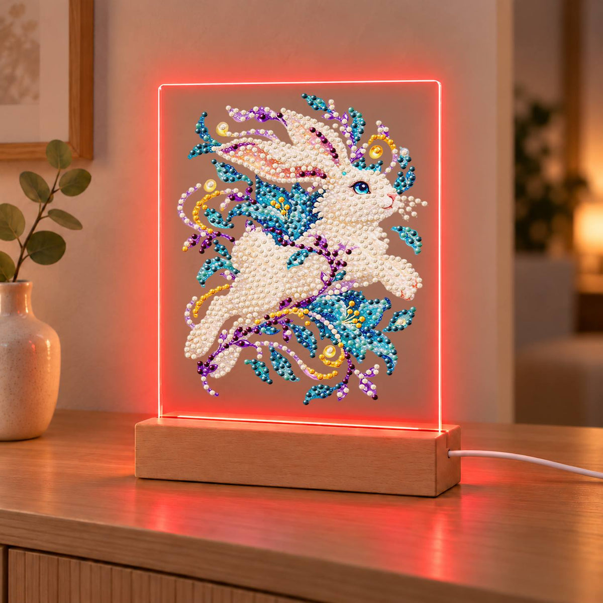 White Rabbit Mid-Leap (Light-Up Pearl Painting)