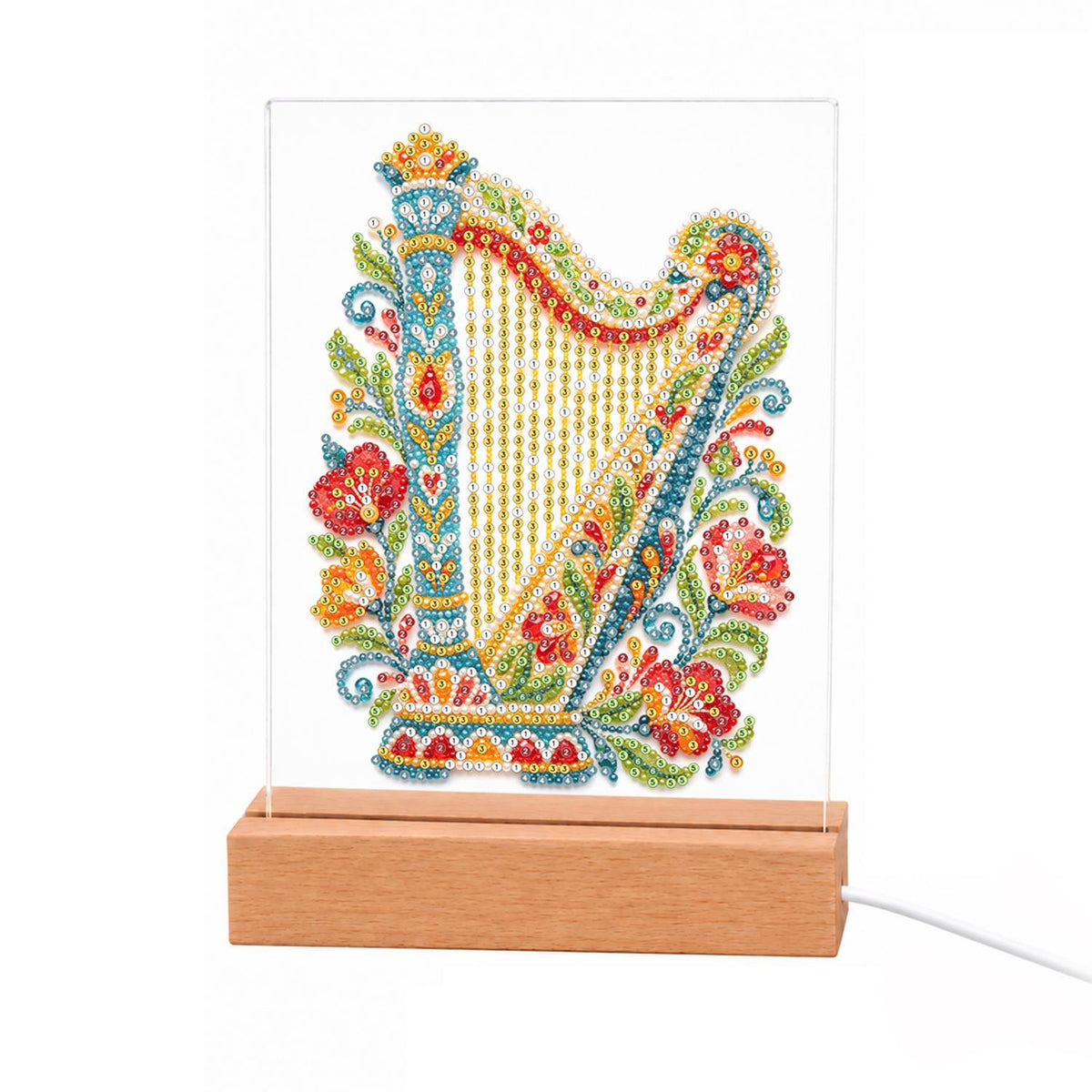 Flower-Trimmed Golden Harp light-up pearl painting – Golden-stringed harp decorated with a folk-style pattern of red and orange flowers and green leaves