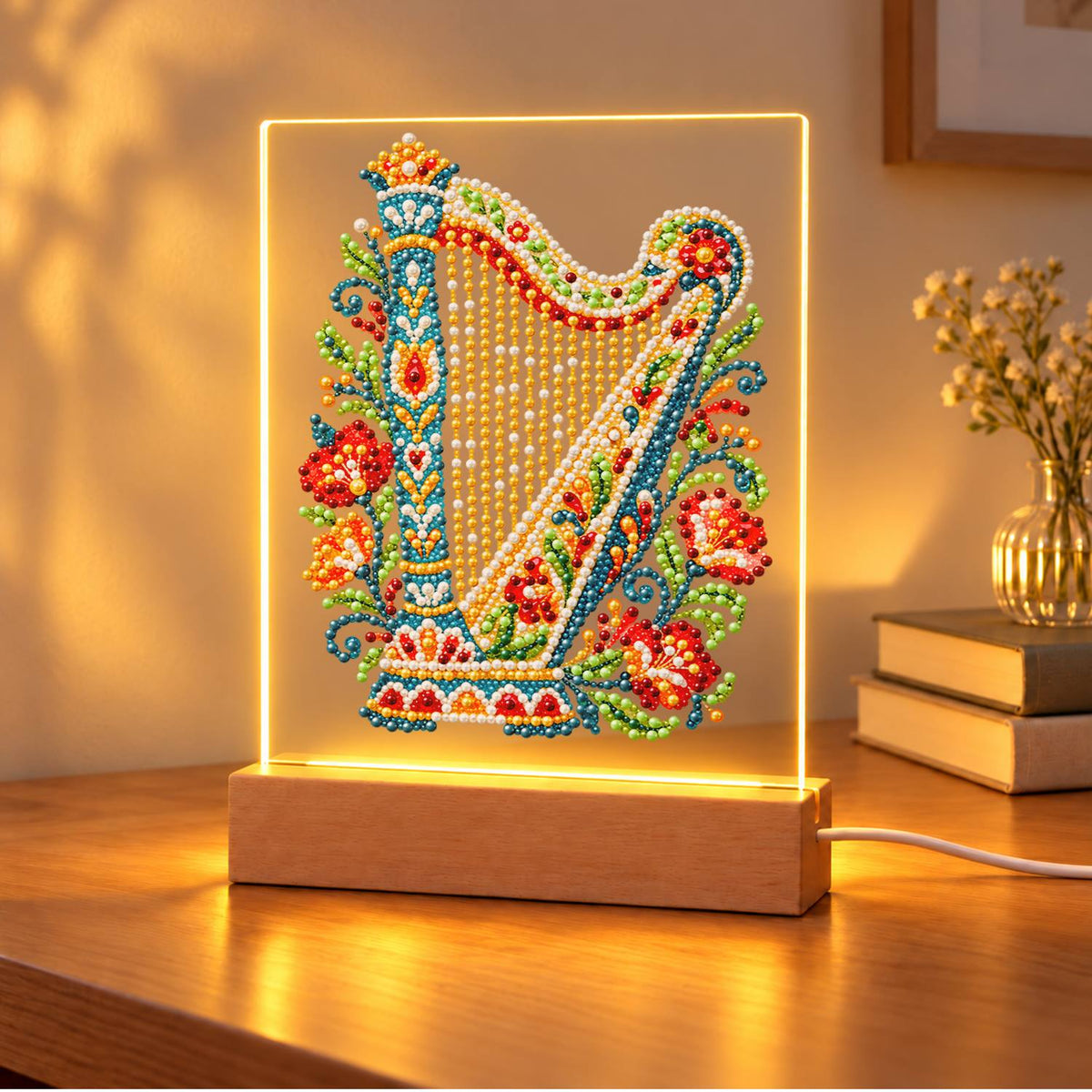 Flower-Trimmed Golden Harp (Light-Up Pearl Painting)