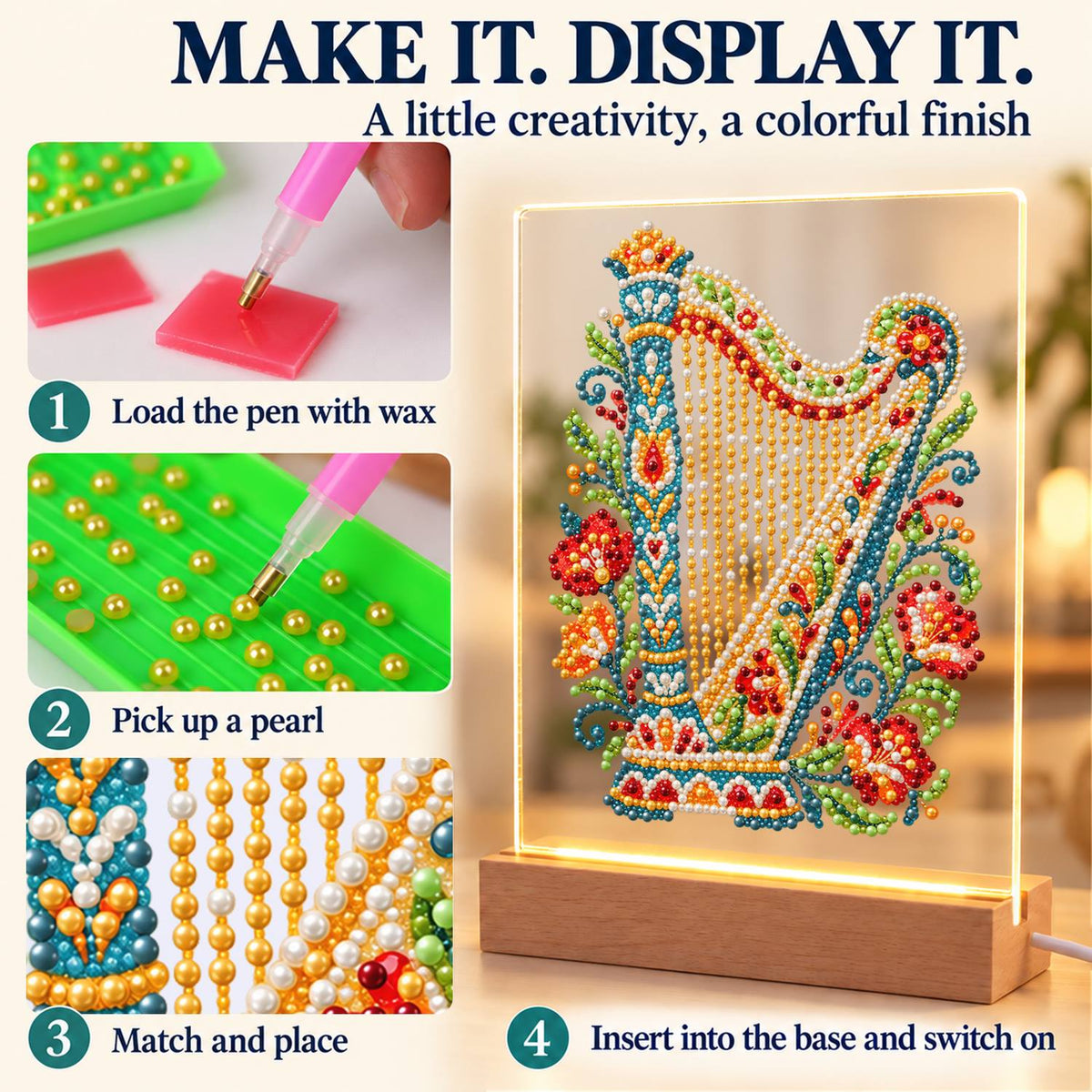 Flower-Trimmed Golden Harp (Light-Up Pearl Painting)
