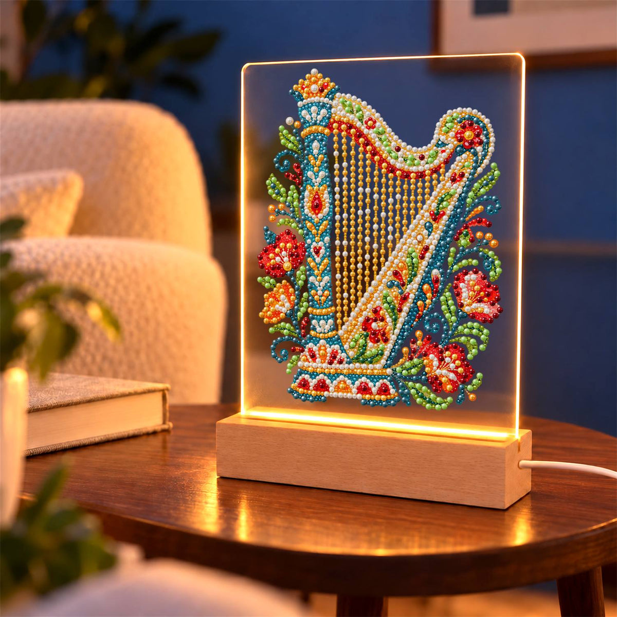 Flower-Trimmed Golden Harp (Light-Up Pearl Painting)