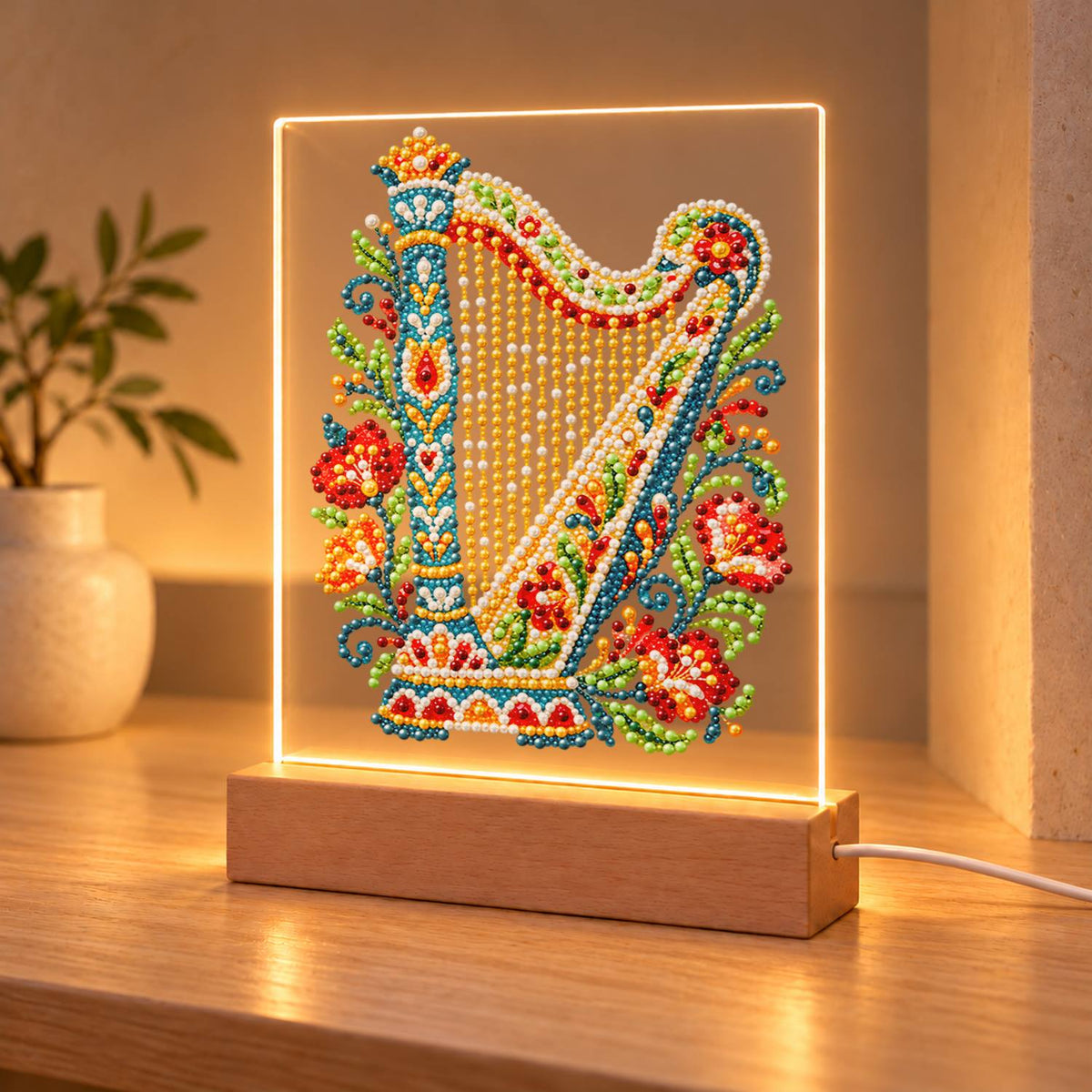 Flower-Trimmed Golden Harp (Light-Up Pearl Painting)