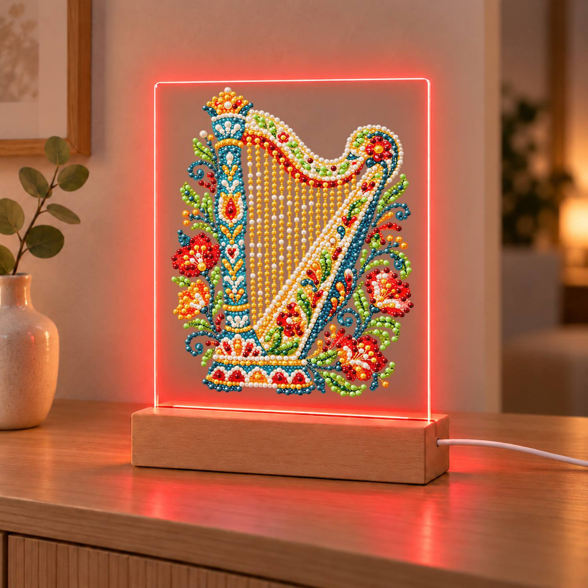 Flower-Trimmed Golden Harp (Light-Up Pearl Painting)
