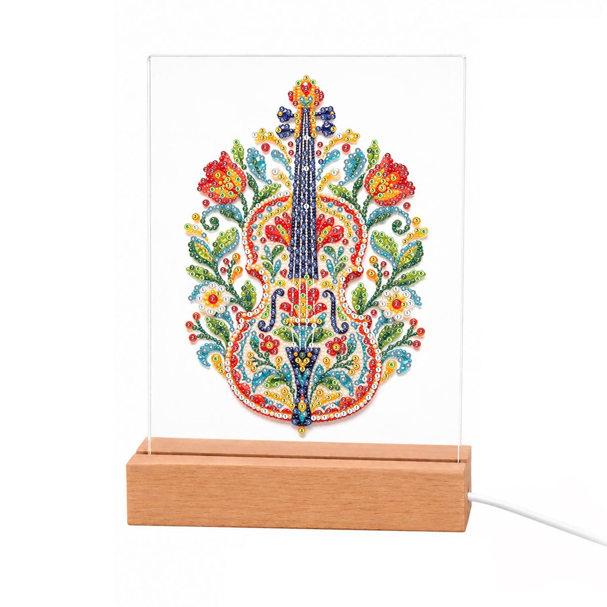Folk-Painted Violin with Tulips light-up pearl painting – Violin covered in a colorful folk-art pattern of red tulips, blue blooms and green leaves