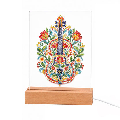 Folk-Painted Violin with Tulips light-up pearl painting – Violin covered in a colorful folk-art pattern of red tulips, blue blooms and green leaves