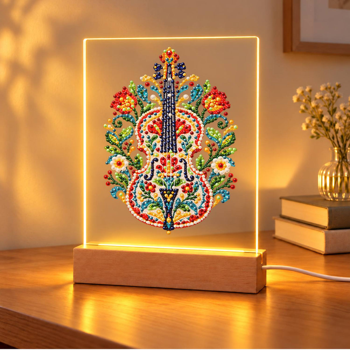 Folk-Painted Violin with Tulips (Light-Up Pearl Painting)