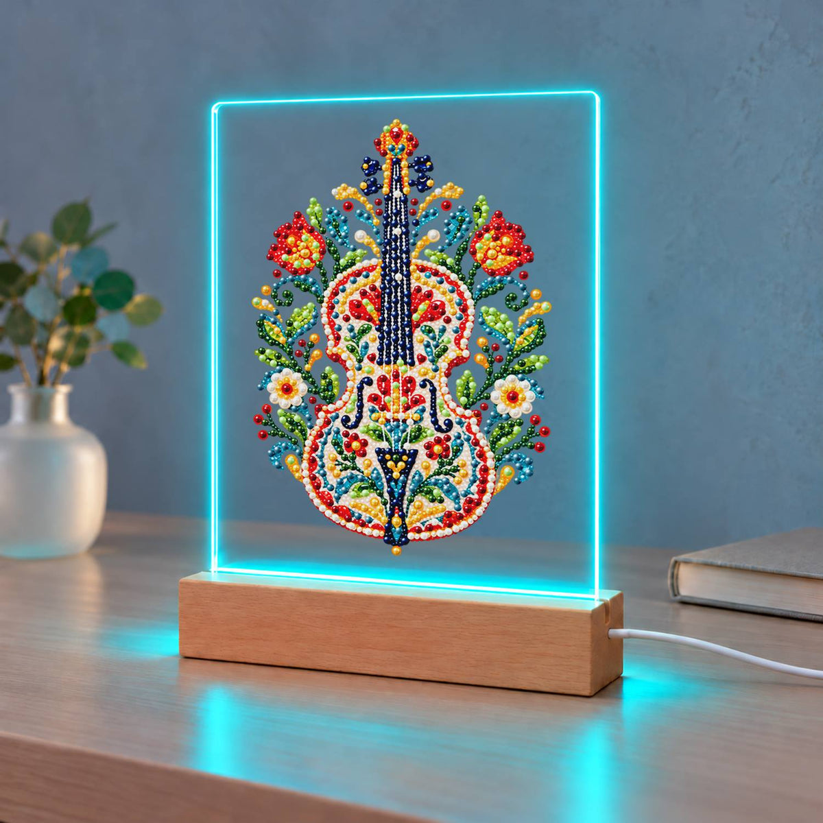 Folk-Painted Violin with Tulips (Light-Up Pearl Painting)