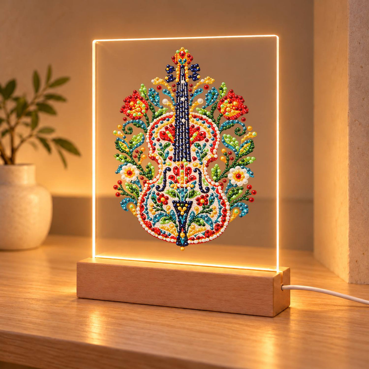 Folk-Painted Violin with Tulips (Light-Up Pearl Painting)