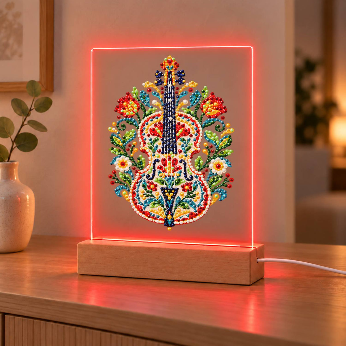 Folk-Painted Violin with Tulips (Light-Up Pearl Painting)