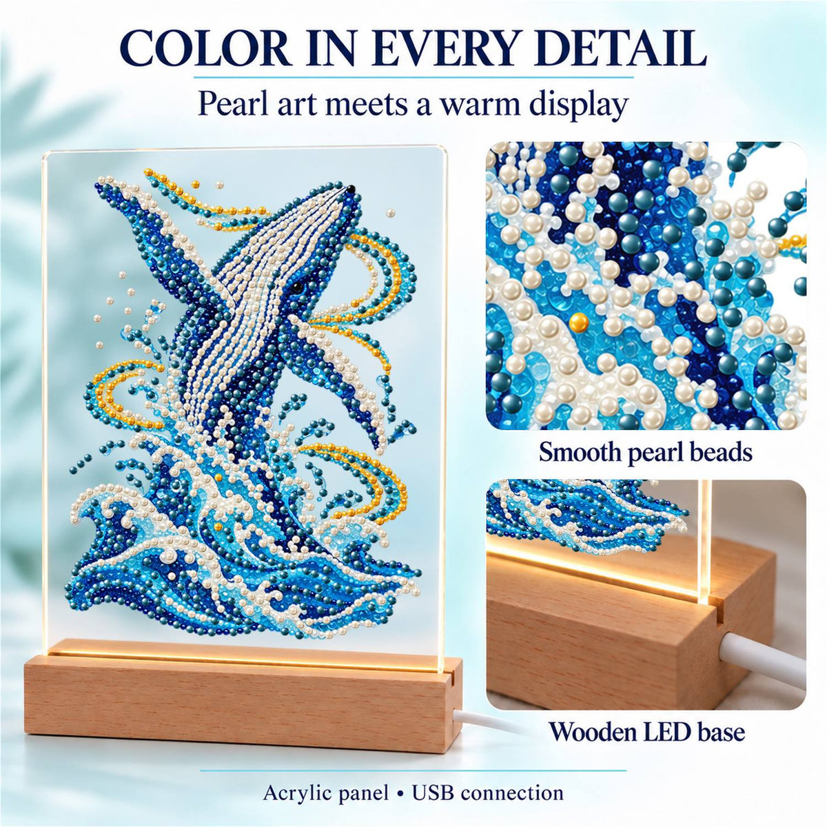 Humpback Breaching in Gold Swirls (Light-Up Pearl Painting)