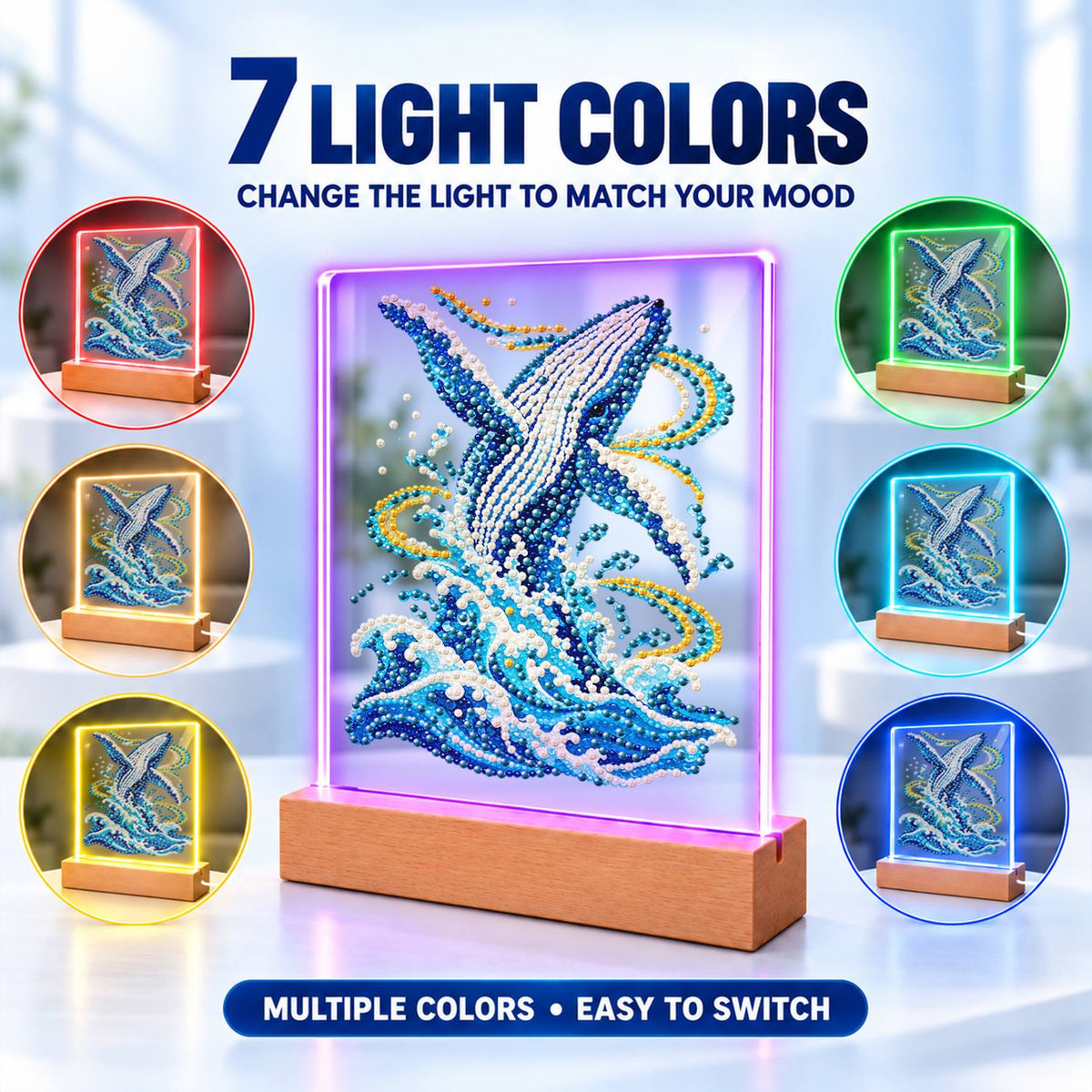 Humpback Breaching in Gold Swirls (Light-Up Pearl Painting)