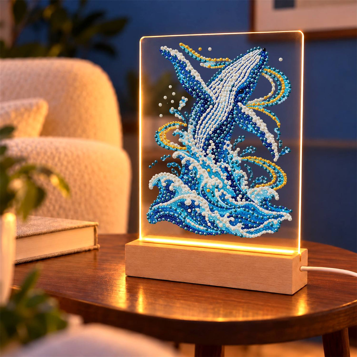 Humpback Breaching in Gold Swirls (Light-Up Pearl Painting)