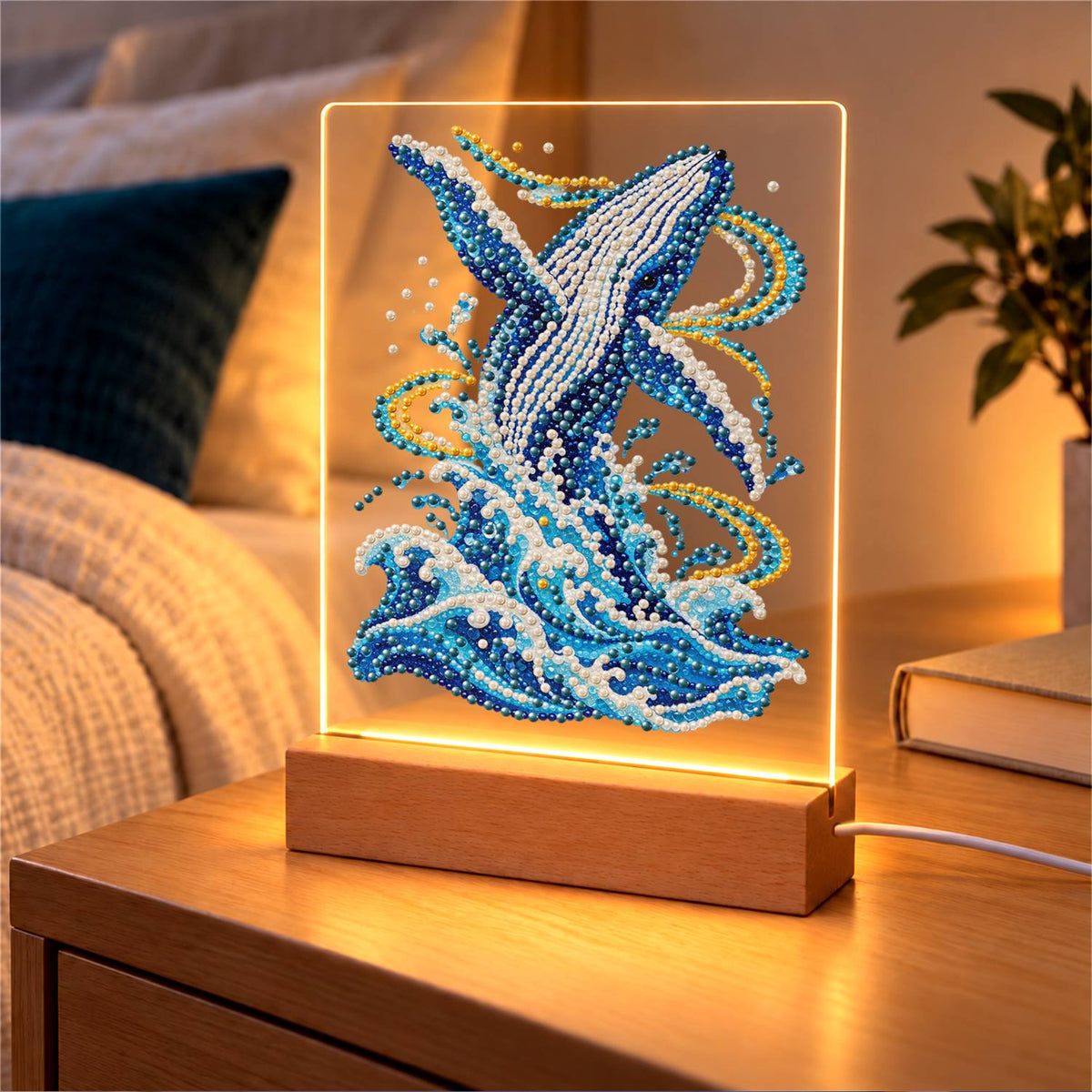 Humpback Breaching in Gold Swirls (Light-Up Pearl Painting)