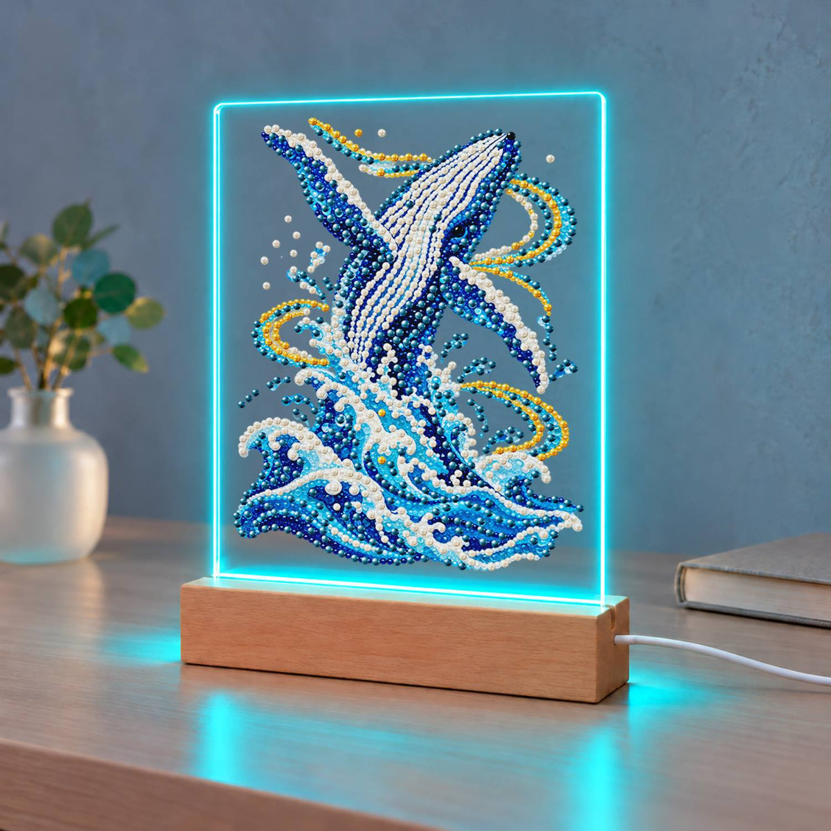 Humpback Breaching in Gold Swirls (Light-Up Pearl Painting)