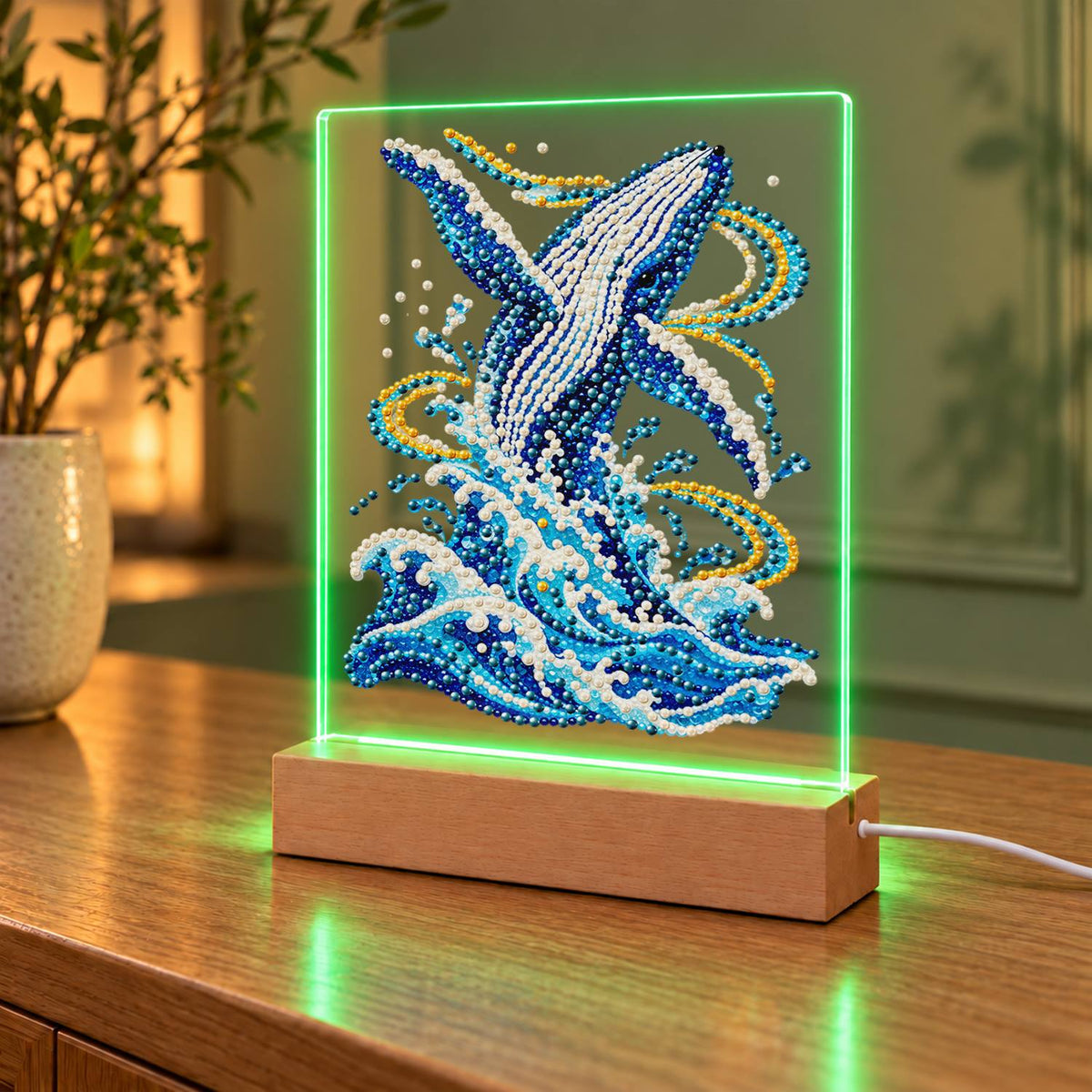 Humpback Breaching in Gold Swirls (Light-Up Pearl Painting)