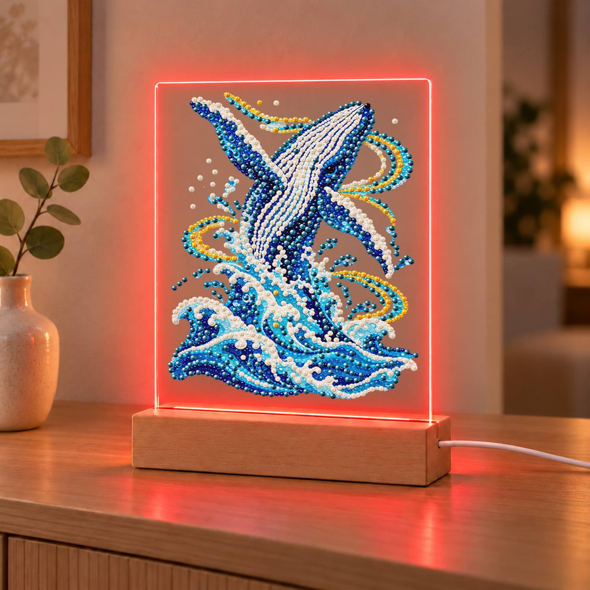 Humpback Breaching in Gold Swirls (Light-Up Pearl Painting)