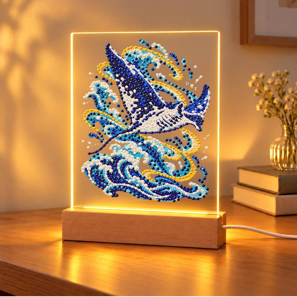Manta Ray Gliding Above the Waves (Light-Up Pearl Painting)