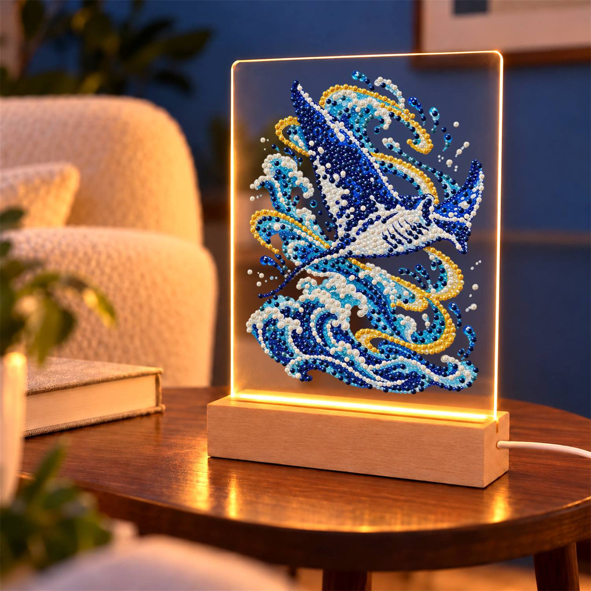 Manta Ray Gliding Above the Waves (Light-Up Pearl Painting)