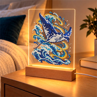 Manta Ray Gliding Above the Waves (Light-Up Pearl Painting)