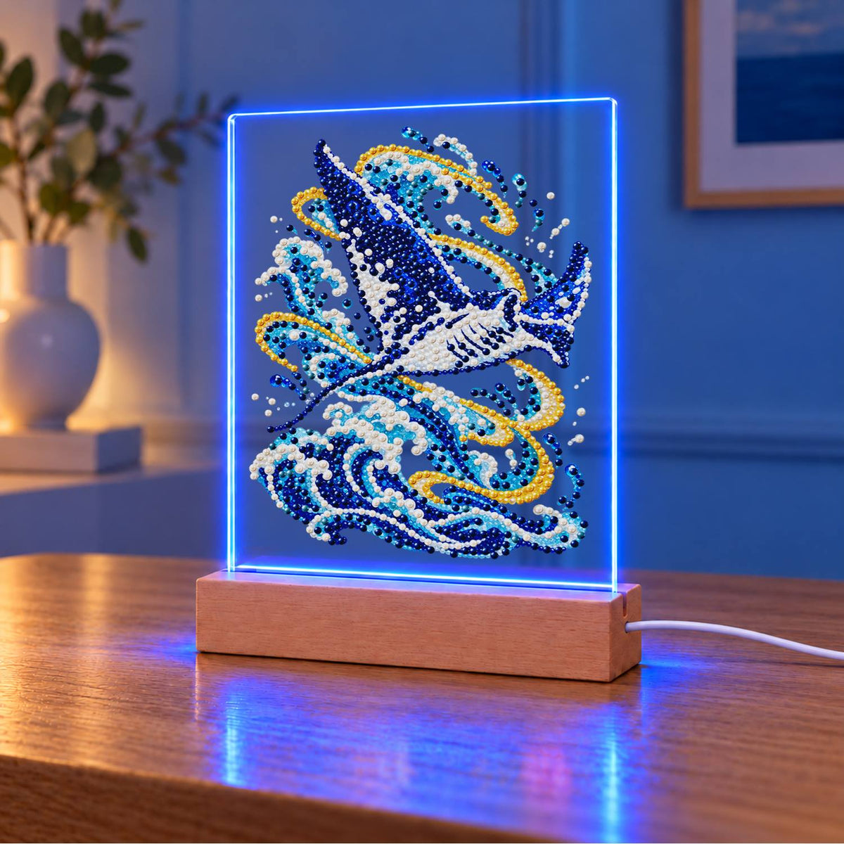 Manta Ray Gliding Above the Waves (Light-Up Pearl Painting)