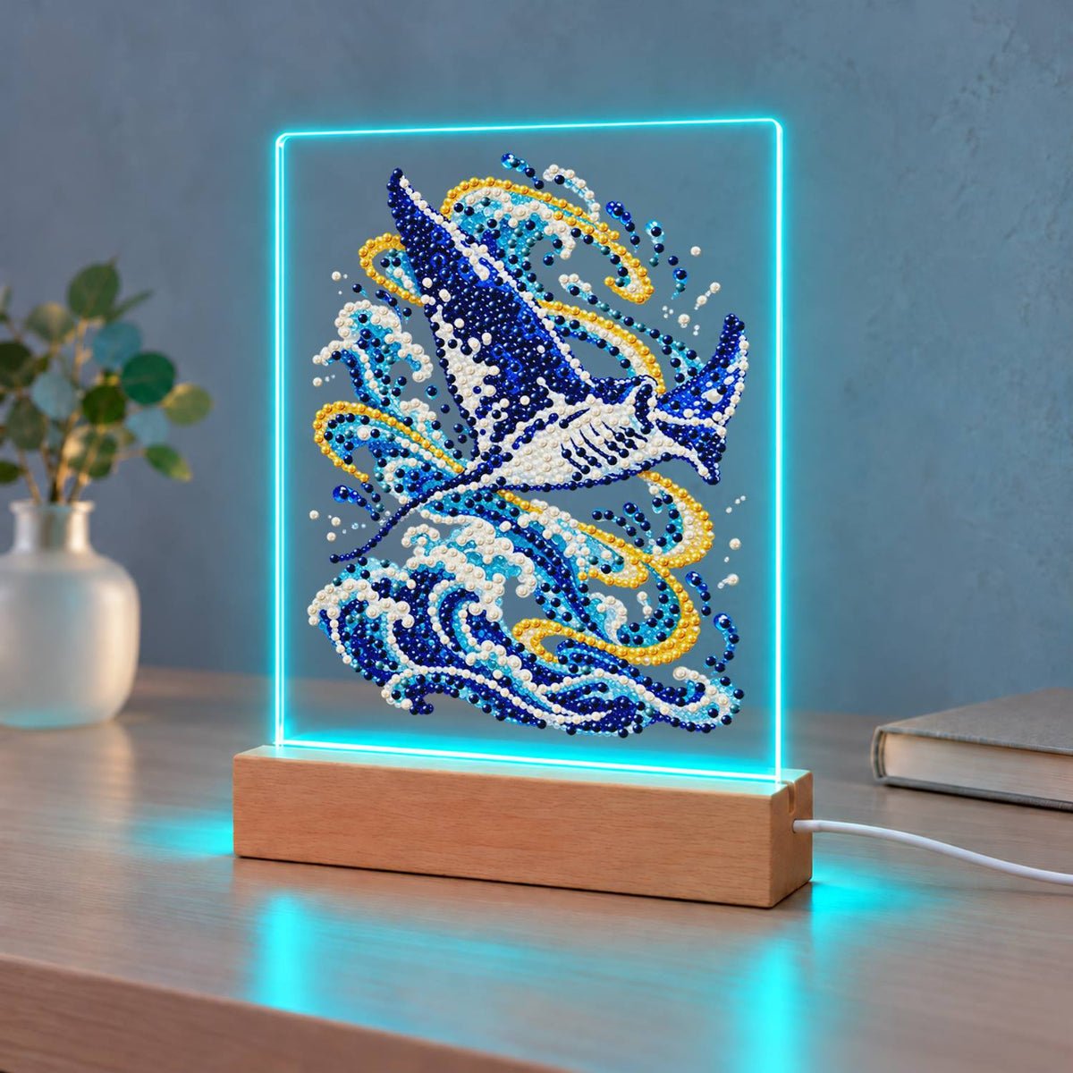 Manta Ray Gliding Above the Waves (Light-Up Pearl Painting)
