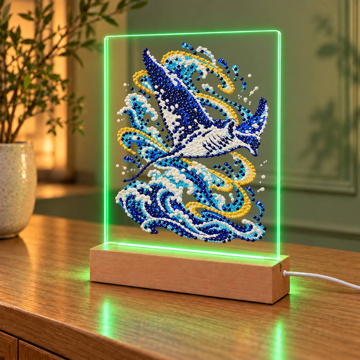 Manta Ray Gliding Above the Waves (Light-Up Pearl Painting)