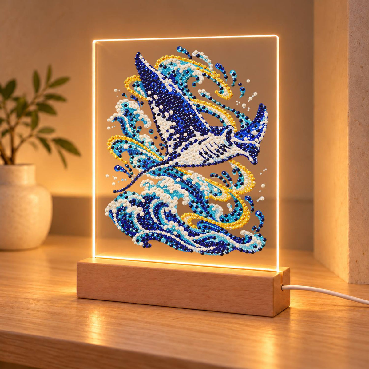 Manta Ray Gliding Above the Waves (Light-Up Pearl Painting)