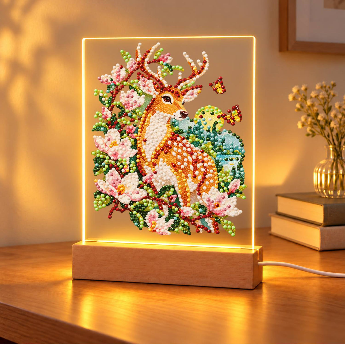 Spotted Deer in Pink Blossoms (Light-Up Pearl Painting)