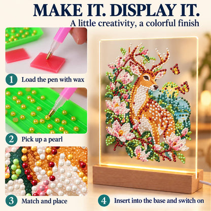 Spotted Deer in Pink Blossoms (Light-Up Pearl Painting)