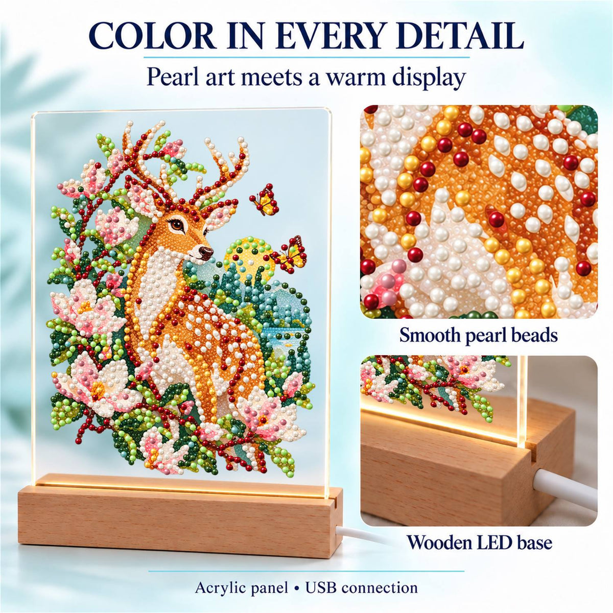 Spotted Deer in Pink Blossoms (Light-Up Pearl Painting)