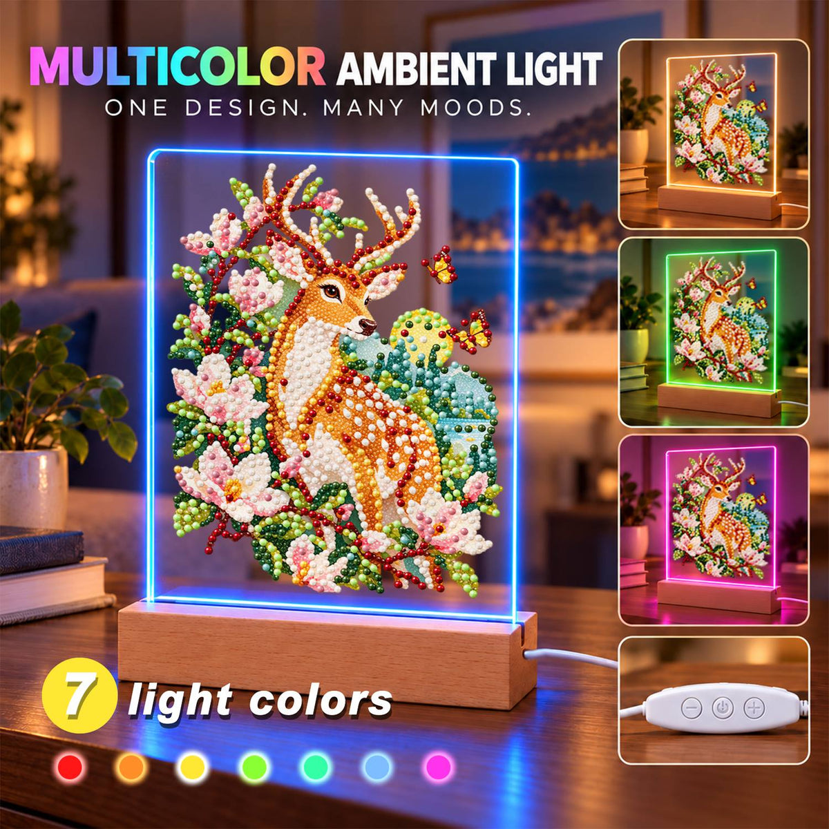 Spotted Deer in Pink Blossoms (Light-Up Pearl Painting)