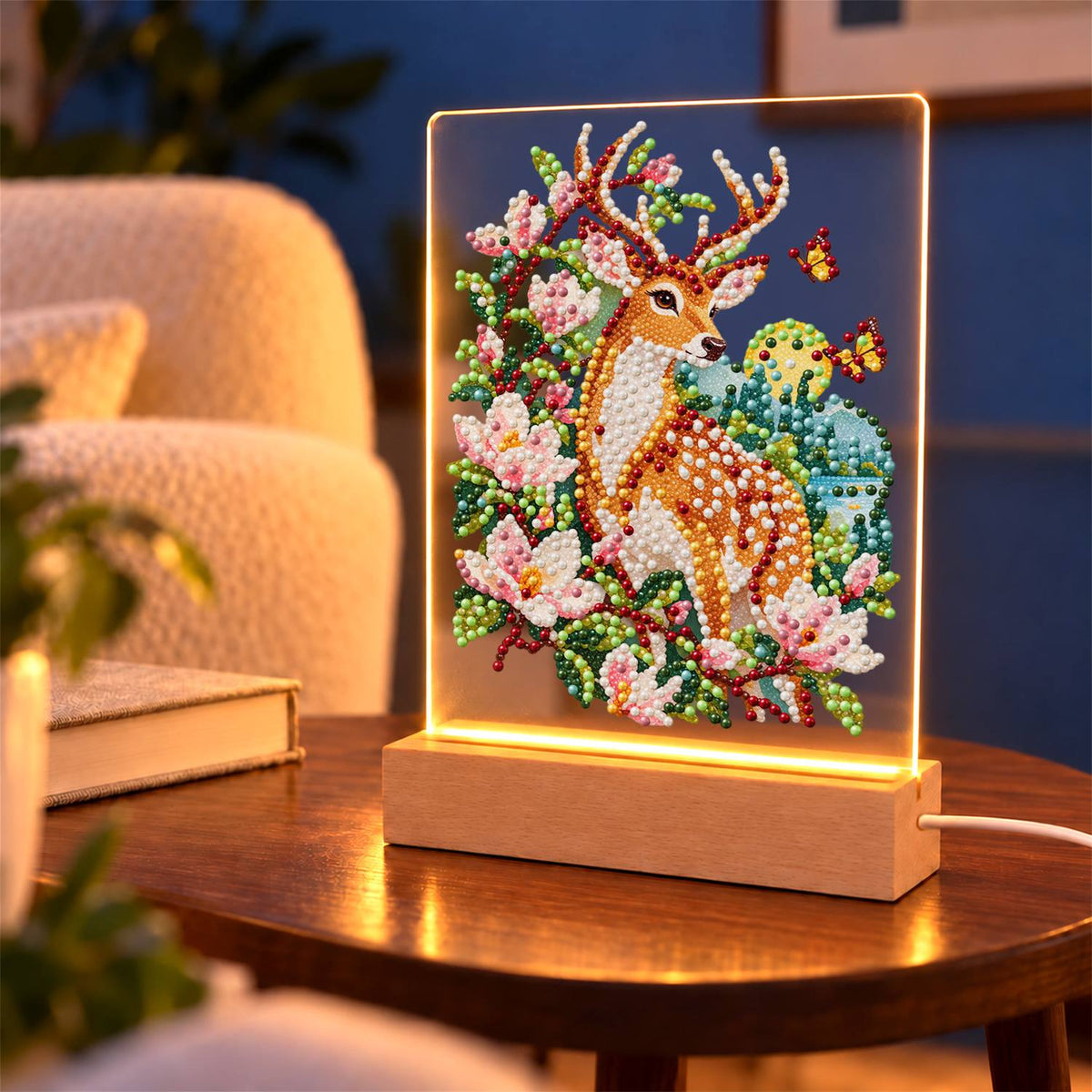 Spotted Deer in Pink Blossoms (Light-Up Pearl Painting)