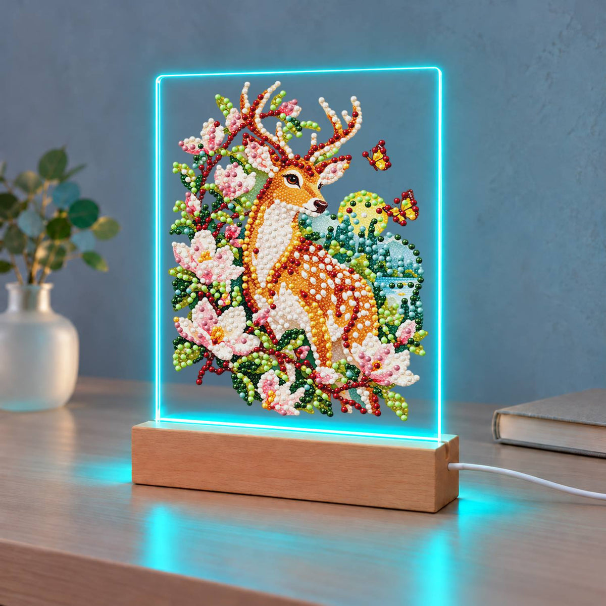 Spotted Deer in Pink Blossoms (Light-Up Pearl Painting)