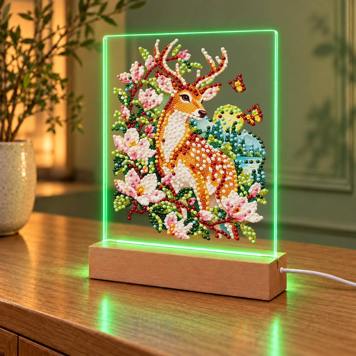 Spotted Deer in Pink Blossoms (Light-Up Pearl Painting)