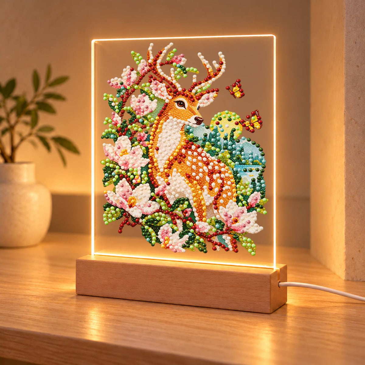 Spotted Deer in Pink Blossoms (Light-Up Pearl Painting)