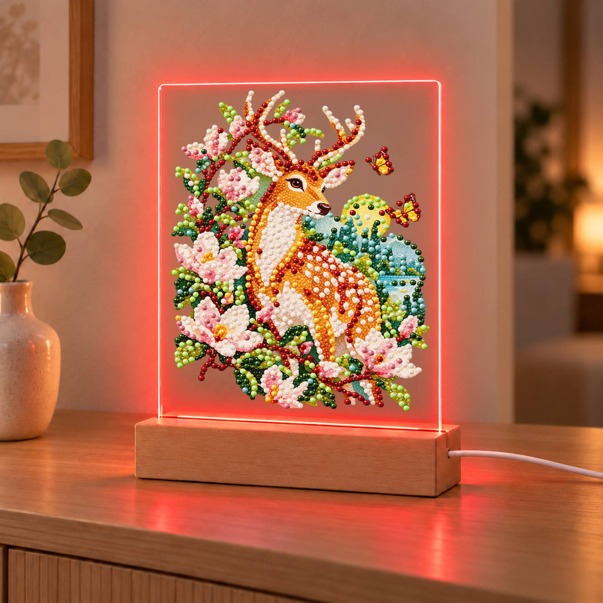 Spotted Deer in Pink Blossoms (Light-Up Pearl Painting)