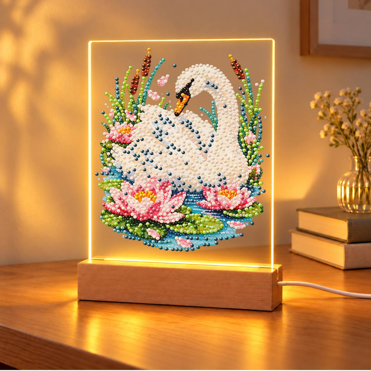 Swan Among Pink Water Lilies (Light-Up Pearl Painting)